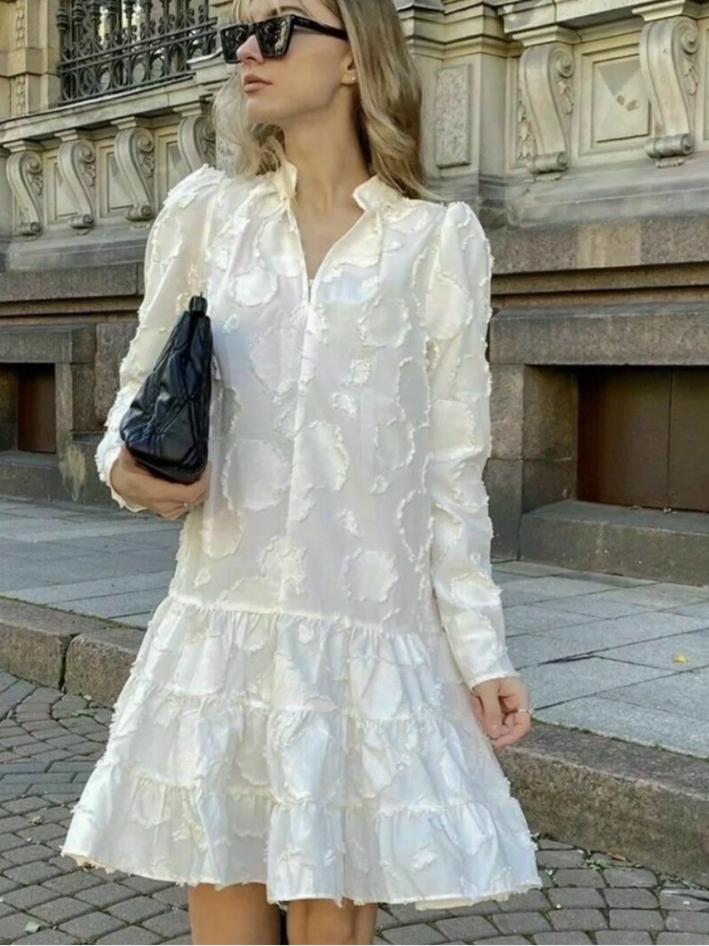 Women's white Ruffle Tiered Long-Sleeve Dress